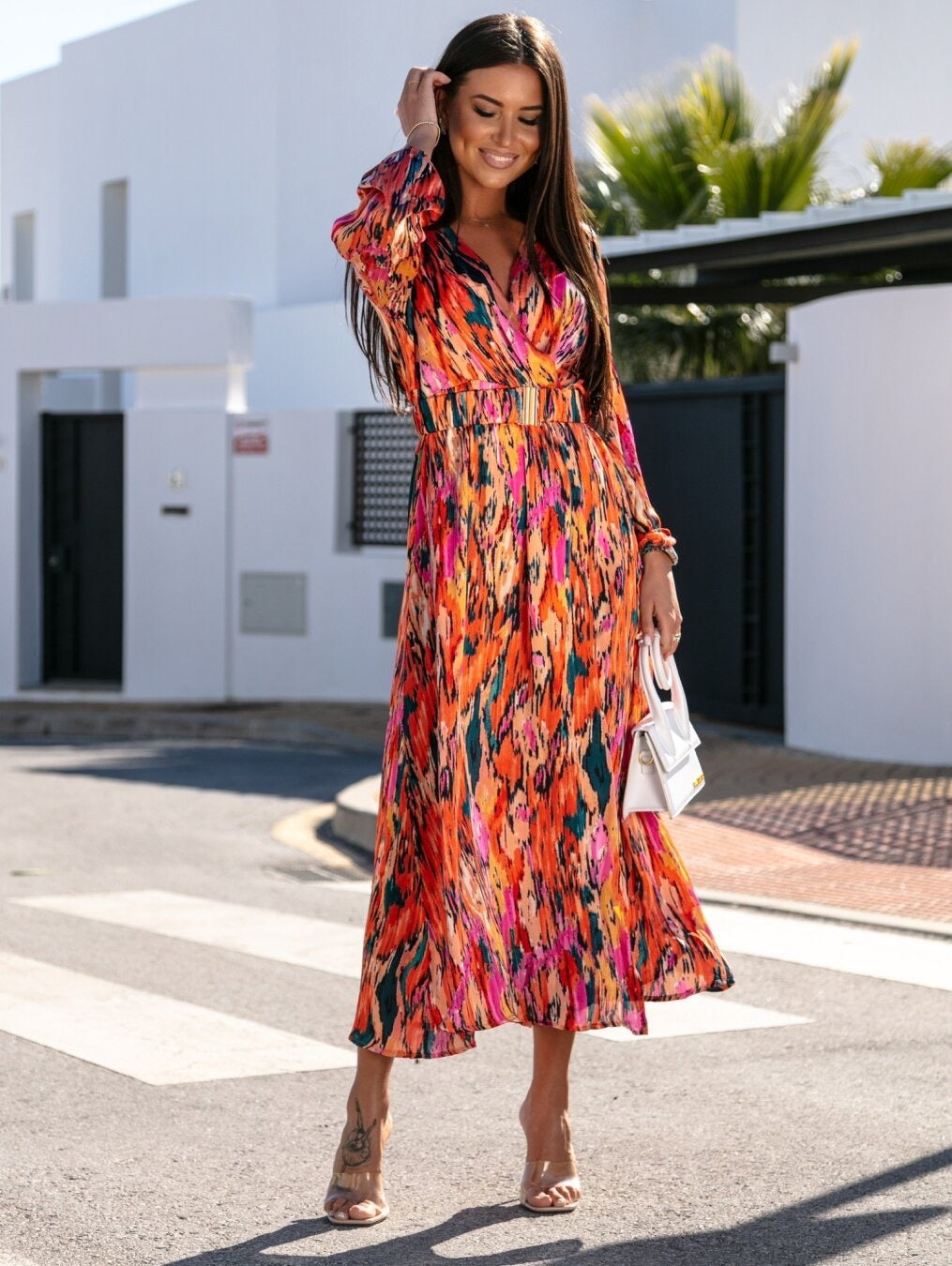 Wendy Orange Multi Print Belted Midi Dress